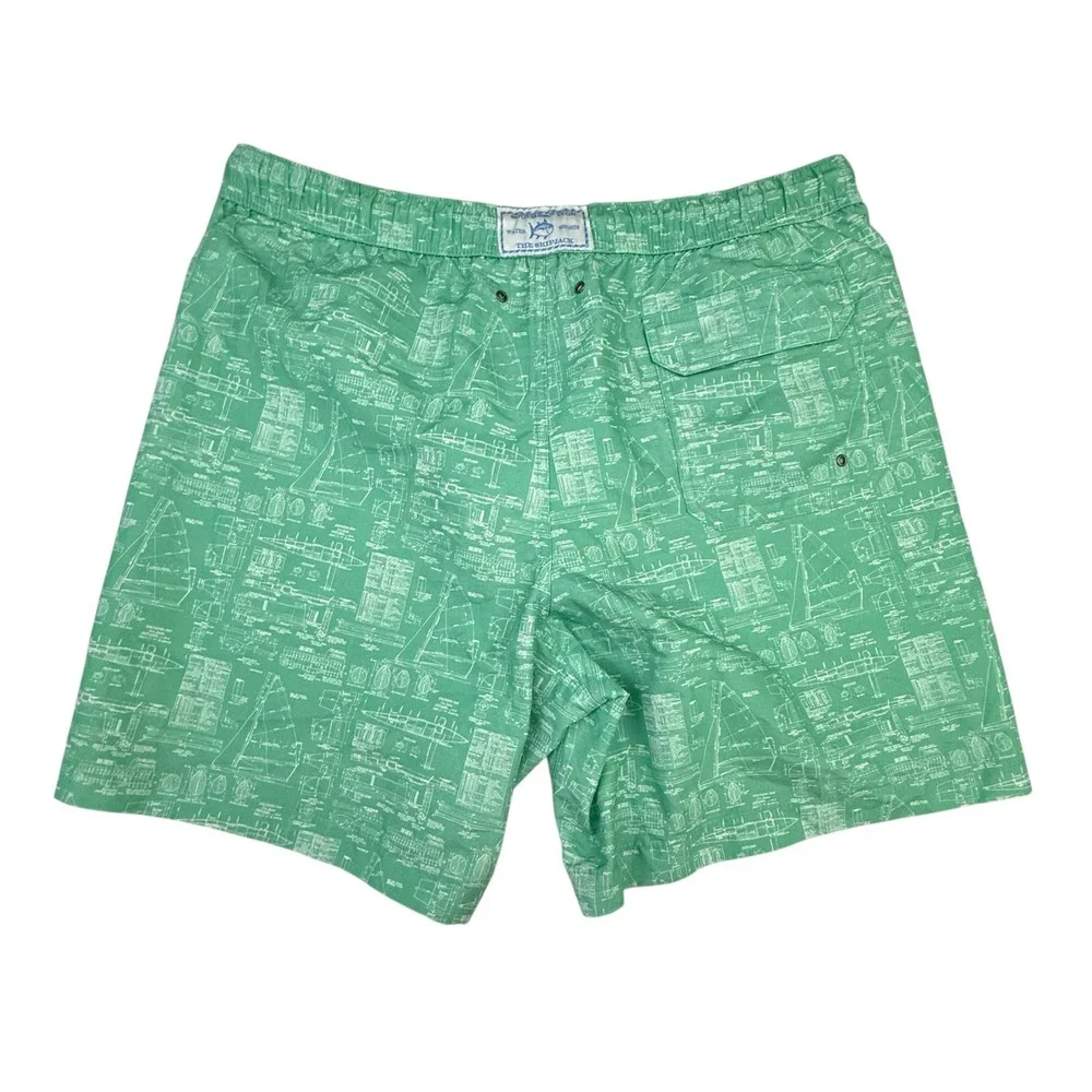 Southern Tide Water Shorts Mens Large Green Nautical Blueprint Swim Trunks Lined